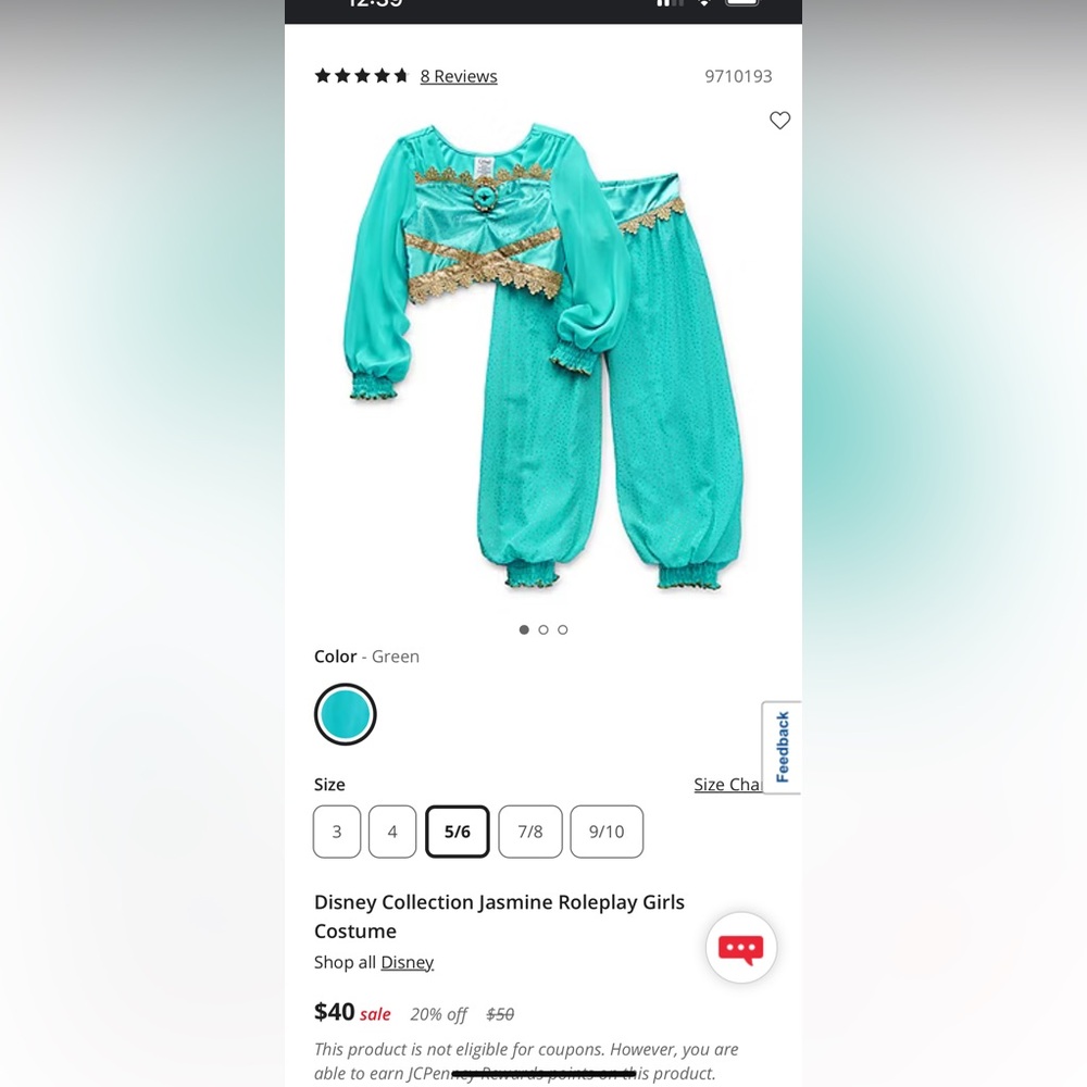 Princess Jasmine Disney costume size 4 in kids